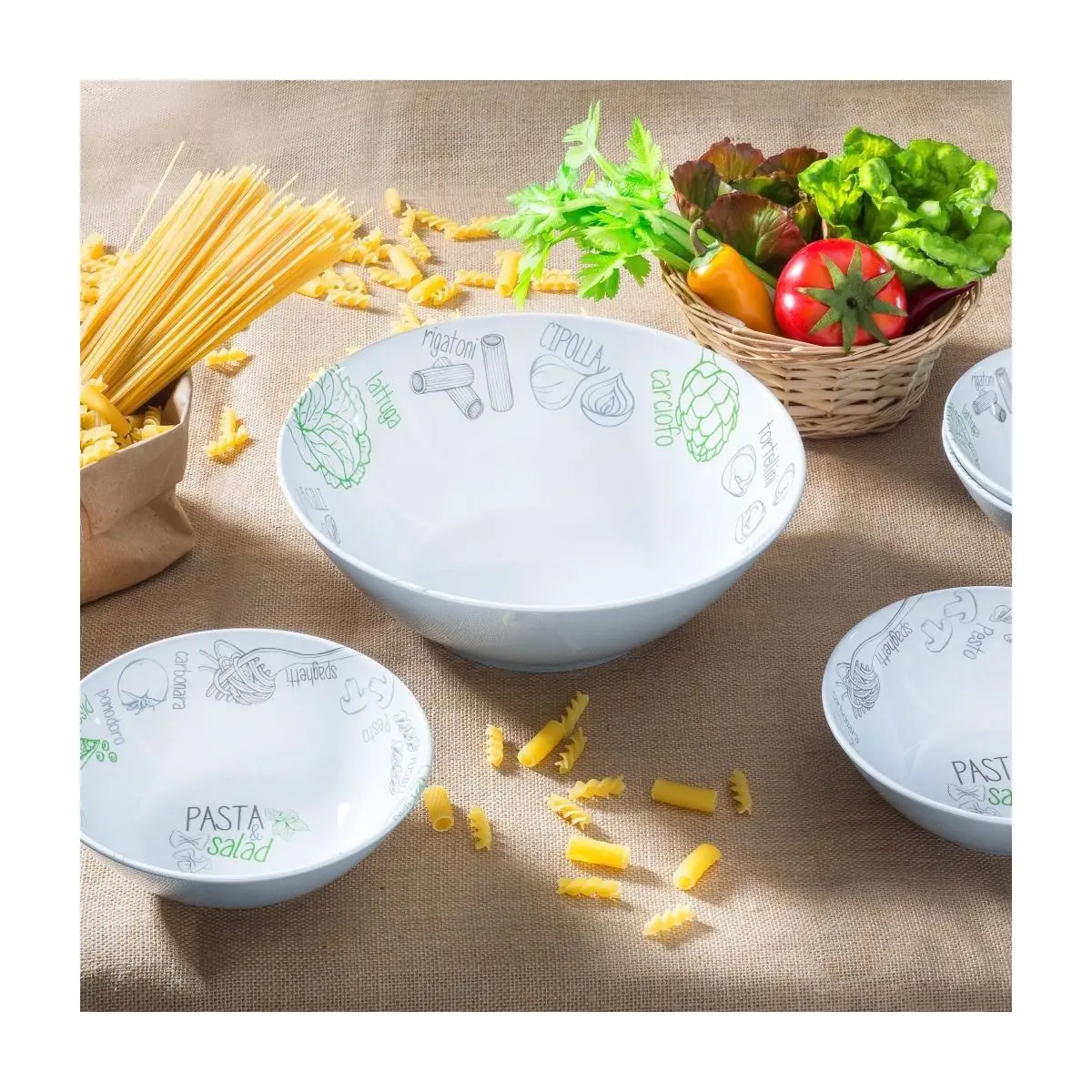 Tészta- és salátakészlet főzőkönyvvel - 1 tál 29,5 cm, 4 tál 20 cm
